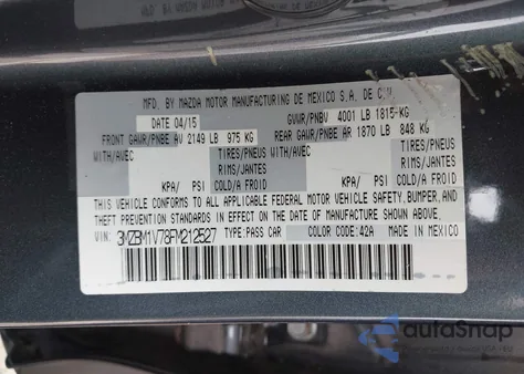 2015 Mazda Mazda3 I Touring z USA, uszkodzony, nr VIN 3MZBM1V78FM212527